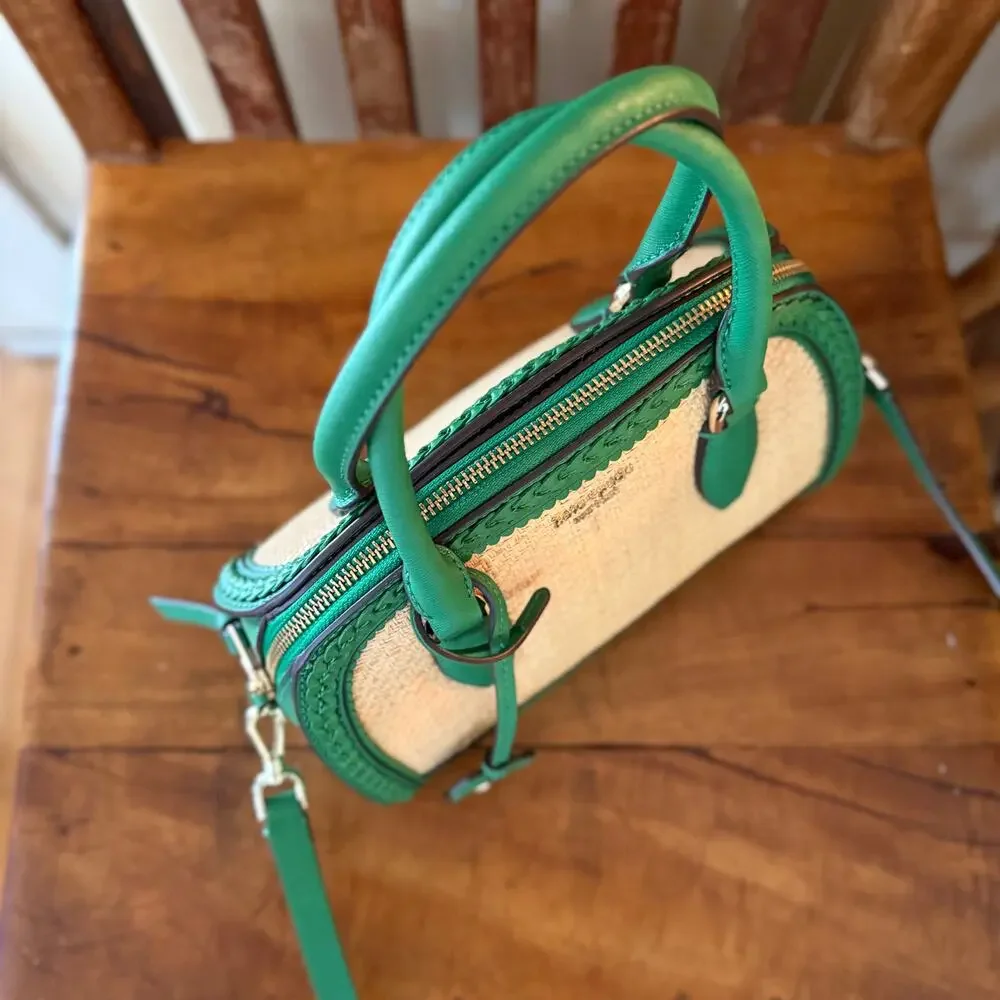 Kate Spade Reiley Raffia Straw & Green Leather Dome Satchel Crossbody
